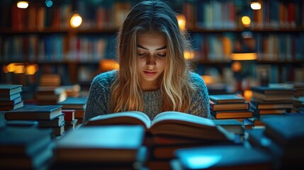 Woman reading in dark library surrounded by books, studying for exams.