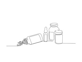 Continuous one line drawing of medicine tablet and pill. Medical drugs, vaccine, pharmacy in single line draw vector illustration. Editable stroke.