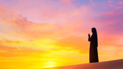 Fototapeta premium Silhouette of woman in traditional attire praying at dawn, with vibrant sky. scene captures moment of peace and spirituality
