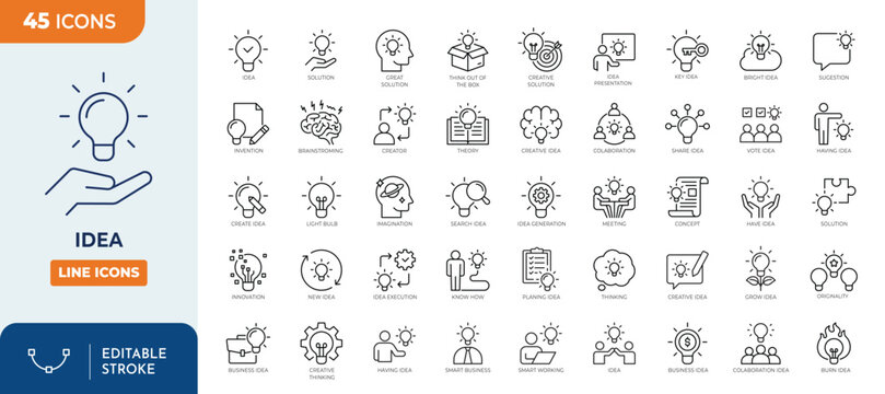 Idea icon set. Containing Creative idea, brainstorming, solution, thinking, innovation and more. Outline Icon Collection. Editable stroke. Vector illustration	