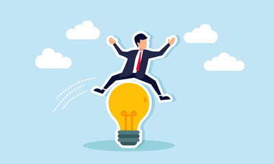 A businessman jumps over a light bulb, illustration of surpassing limits to create an innovative business