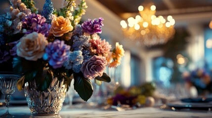 Elegant floral centerpiece on luxuriously decorated dining table with chandelier lighting