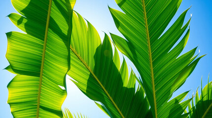 A dramatic shot of large, exotic palm leaves against a bright, clear blue sky. The deep green leaves create a strong contrast against the vibrant sky, with light filtering through the fronds, casting 