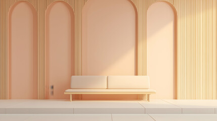 Minimalist peach interior design, wooden wall, sunlit couch, modern architecture, product display