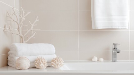 Beach-inspired bathroom decor with coral and seashell accents for relaxing retreat