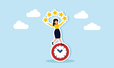 A businesswoman balances on a clock while juggling lights, illustration of a timeline in applying a business quality improvement strategy