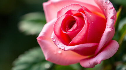A romantic close-up of a blooming rose, its petals soft and velvety with droplets of dew clinging to the surface. The rose is bathed in soft morning light, with gentle pink and red hues, and a blurred