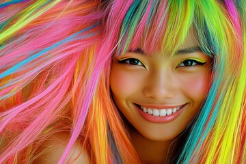 Commercial commercial artwork pattern. Long trim - multicolored hair. Pretty smiling mixed-race girl - for ads, banner and social digital ad use. Colored hair glamour inspiration.