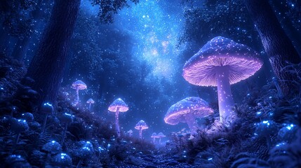 Glowing mushrooms in an enchanted forest at night.
