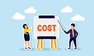Obraz premium A businessman holding a stick explaining the COST on a whiteboard to a businesswoman, illustration of education on business cost details