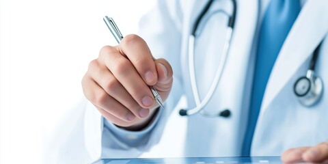A healthcare professional efficiently documents patient information on a tablet while wearing a white coat and stethoscope, highlighting modern healthcare practices.