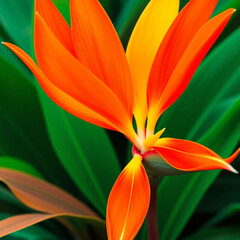 A vibrant tropical flower in full bloom, with bold, saturated colors like red, orange, and yellow. The petals are perfectly detailed, with soft light illuminating the flower against a blurred, lush gr
