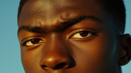Close-up portrait of a young man with striking features, showcasing deep-set eyes and textured skin, illuminated by warm sunlight against a clear sky.