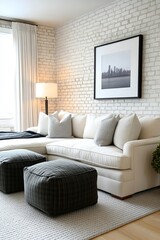 Stylish Living Room with White Brick Wall and Sofa