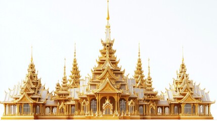 Fototapeta premium 3D animated exterior of the Golden Palace, showcasing intricate tiered roofs, ornate spires, and golden textures, set against a plain white background