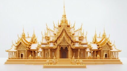Fototapeta premium 3D animated Golden Palace with tiered roofs, symmetrical spires, and golden facades, showcased on a minimalist white backdrop