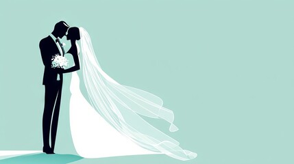 Simplified romantic figures, classic white dress silhouette, formal black suit outline, architectural veil arrangement, refined fashion details, mint blue backdrop, flat design aesthetic, vector