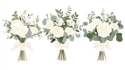 Elegant floral bouquets, sage green foliage, white roses arrangement, delicate eucalyptus leaves, minimalist floral design, cream ribbon wrapping, soft pastel color palette, botanical illustration