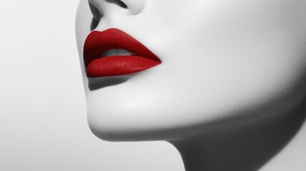 Obraz premium Close-up of a mannequin's lips painted in vibrant red, set against a minimalist background, highlighting the contrast between color and form.