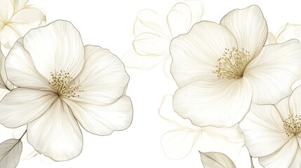 Premium floral illustration, detailed ivory blooms, precise linear texturing, champagne gold accents, sophisticated botanical design, graceful curved petals, classic art style, luminous highlights,