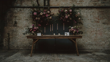 Rustic wedding ceremony floral display, industrial backdrop, candlelight, reception table