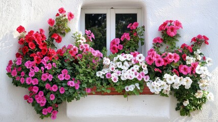 Fototapeta premium Vibrant Pink and White Petunias Blooming in Window Box Summer Flowers Exterior Decor