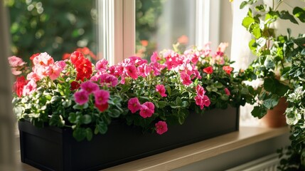 Obraz premium Vibrant Pink and Red Petunias in a Window Box Planter Sunny Windowsill Gardening