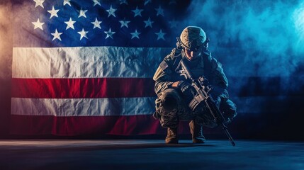 American soldier kneeling with a rifle intense studio lights highlighting their gear with a large gently rippling national flag as the backdrop