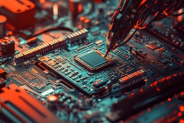 Close-Up View of a Circuit Board with Robotic Arm Engaged in Precision Engineering and Component Assembly in a High-Tech Environment