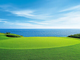 Beautiful green grass lawn with a blue sky and sea background
