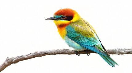 Obraz premium Colorful Bird Perched on Branch Against Isolated White Background