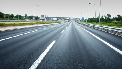 Fototapeta premium A brand new, sleek black asphalt road stretching into the horizon under a clear blue sky, transportation, clean, smooth