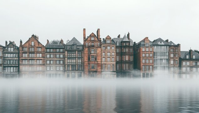 Foggy waterfront with historic buildings reflecting in calm water.