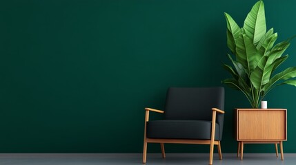 A modern living space featuring a green wall, a stylish chair, and a decorative plant.