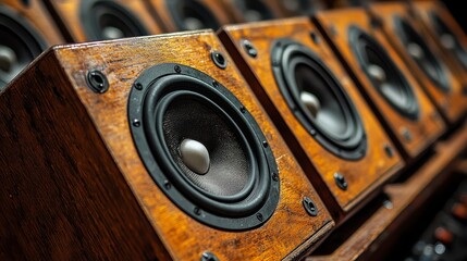 Close-up of several vintage wooden speakers.