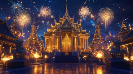Naklejka premium A magical Thai temple stage featuring gold and blue tones, vivid fireworks lighting the night sky, and intricate designs in stunning 8K resolution
