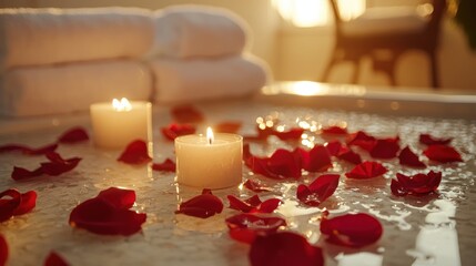 Romantic Spa Setting Rose Petals Candles and Towels in a Relaxing Bath