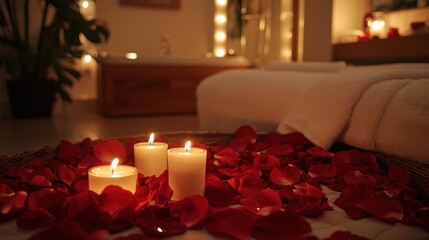 Romantic Spa Setting Candles Rose Petals and Soft Lighting