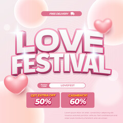 Love Festival Sale discount deals Editable text soft light pink gradient 3d bubbles circle with extra off and cashback love square banner