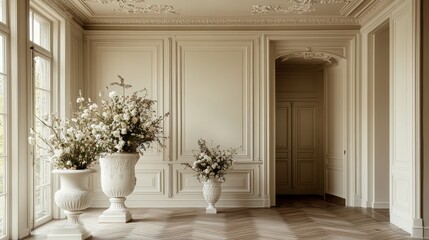 Refined neoclassical interior space, ornamental cream wall paneling with sculptural details, traditional plaster ceiling moldings, white stone vases with lush floral displays, chevron pattern