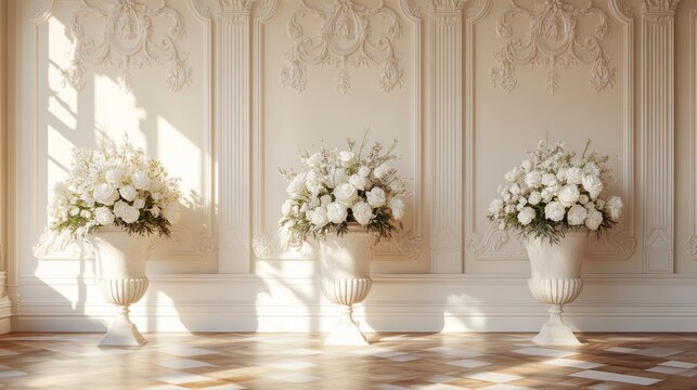 Opulent french salon interior, carved architectural wall details, cream colored panel moldings with floral accents, classical stone urns with abundant white flower arrangements, geometric parquet