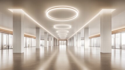 Naklejka premium minimalist conference hall interior, stark white walls, modern circular ceiling lights, empty exhibition space, wide open floor plan, symmetrical columns, contemporary architecture, muted brown