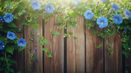 Morning Glory Flowers Blooming on a Rustic Wooden Fence After Rain