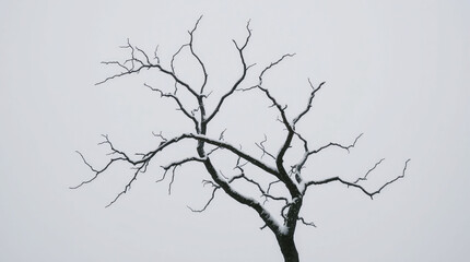 Obraz premium A bare, twisted tree covered in delicate snowflakes, set against a muted winter sky. The tree is silhouetted against the soft gray background, with snowflakes drifting gently through the air. The scen