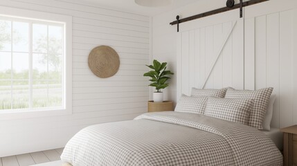 Cozy farmhouse-inspired bedroom with shiplap walls and rustic decor