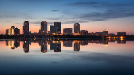Obraz premium City skyline reflecting on calm lake at dawn, urban landscape panorama, ideal for travel brochures