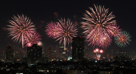 New Year Celebration Fireworks Display Over City Skyline Nighttime Urban Environment Spectacular Visuals Festive Spirit