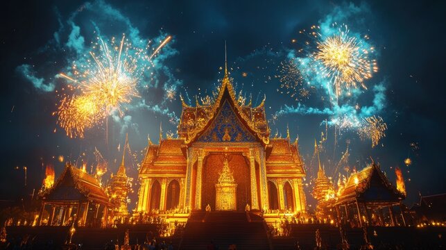 A Thai temple stage with gold and blue tones under a night sky, illuminated by vibrant fireworks, creating a magical 8K fantasy scene