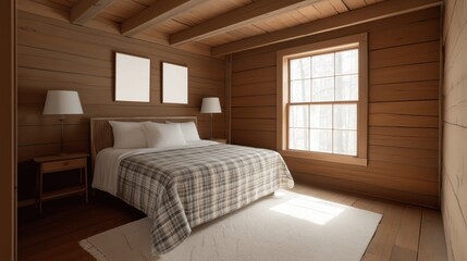 Cozy rustic bedroom with hardwood floors and plaid bedding for design inspiration