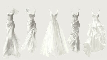 wedding dress design series, ethereal bridal illustration, delicate white gowns, floating accessory elements, minimal fashion sketches, elegant dress collection, soft gray palette, refined bridal